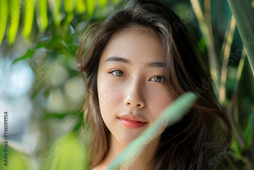 Portrait of beautiful asian woman with green leaves in the garden