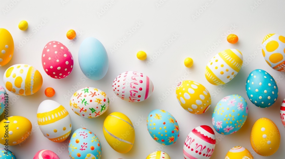 Fototapeta premium Easter decoration colorful eggs on white background with copy space. Beautiful colorful easter eggs. Happy Easter. Isolated.