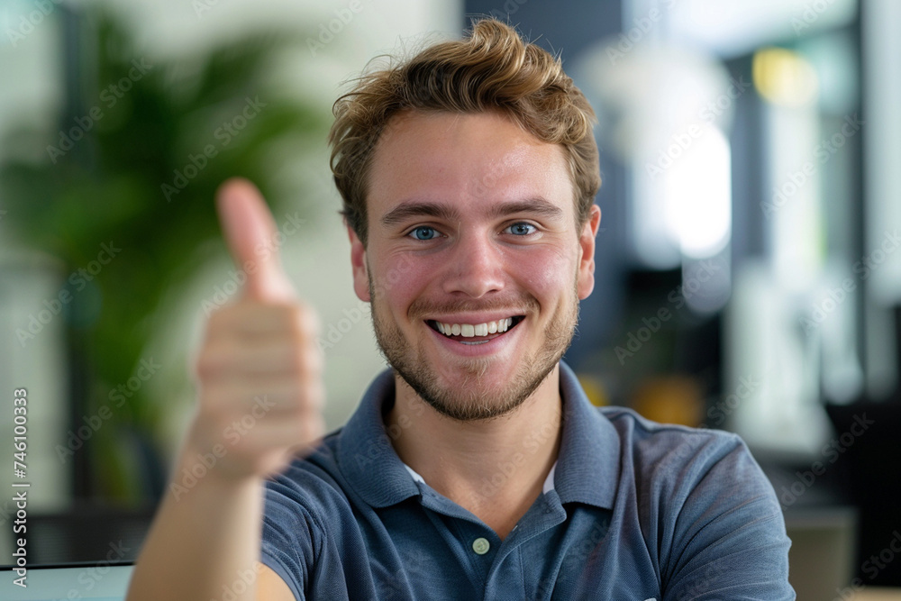 Portrait of a smiling young man showing thumbs up at the office Portrait of a smiling young man showing thumbs up at the office
