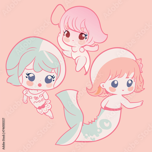 children swimming in the sea illustration, sticker, clean white background, t-shirt design, graffiti, vibrant, vector illustration kawaii