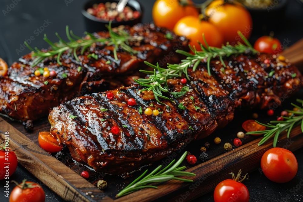 Glistening barbecued steaks, seasoned with herbs and spices, are presented on a cutting board, ready to be enjoyed