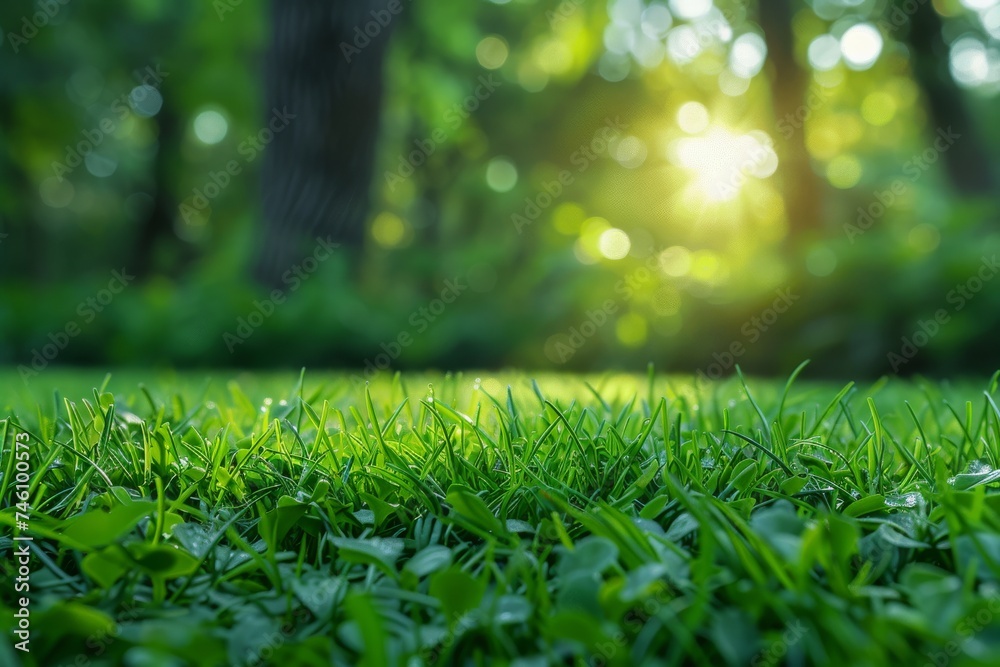 Close-up of fresh green grass with morning dew shining in the sunlight, giving a feel of new beginnings Close-up of fresh green grass with morning dew shining in the sunlight, giving a feel of new beginnings