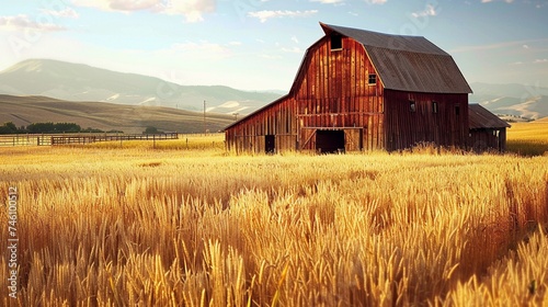 A picturesque barn stands amidst fields of golden wheat  its weathered timbers a testament to the enduring legacy of sustainable agriculture.