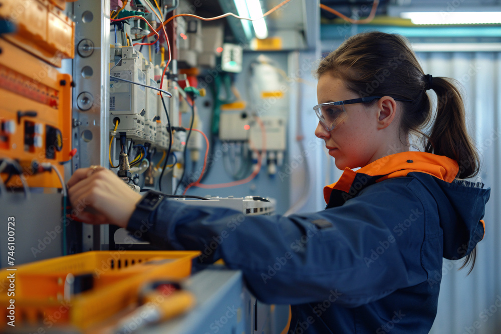 Woman checking the fuse in the main electricity circuit for an industrial factory. Woman checking the fuse in the main electricity circuit for an industrial factory.