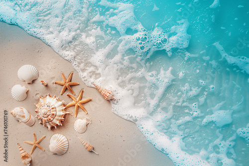 Sunny tropical beach with turquoise ocean  summer vacation background  sea shells and starfish on the beach 