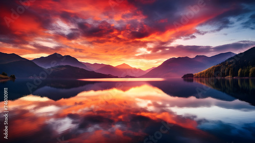 Breathtaking Sunrise over Serene Lake with the Silhouette of Majestic Mountain Range and Foreground Trees