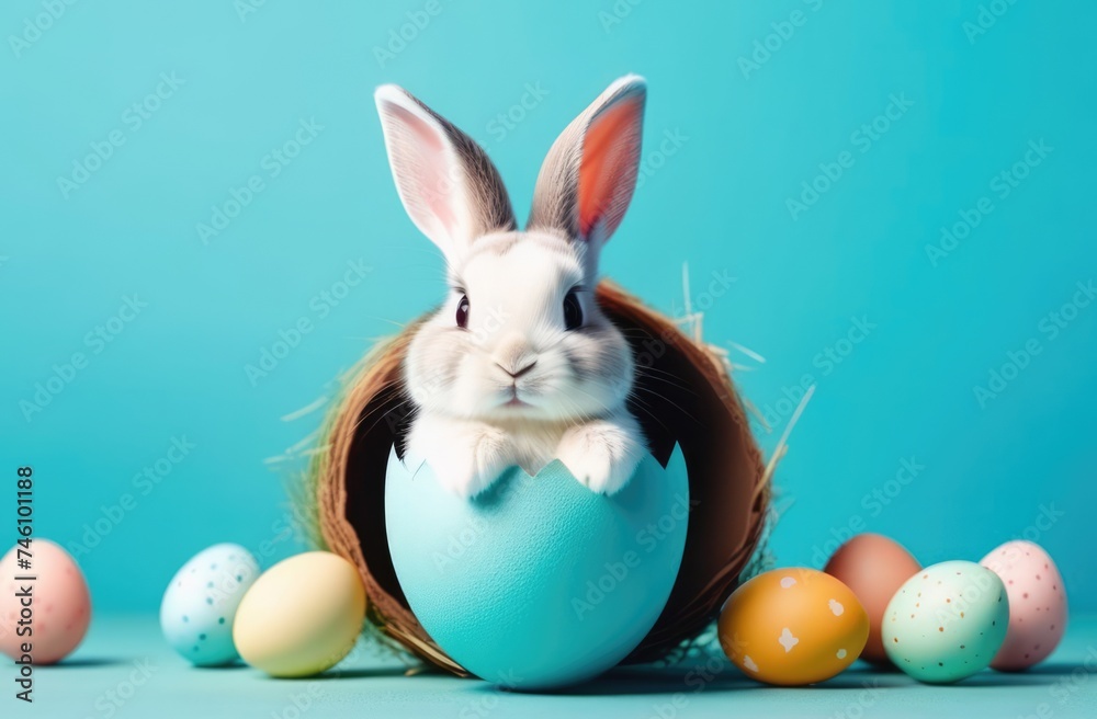 Fototapeta premium Easter banner with cute Easter bunny hatching from pastel color Easter egg on pastel color background. Illustration of Easter rabbit sitting in cracked eggshell. Happy Easter greeting card.Copy space.