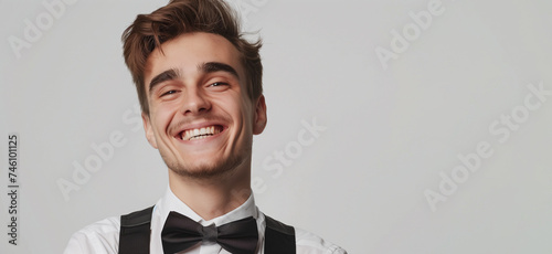 Cheerful handsome man with beaming smile corecting his bow tie. photo