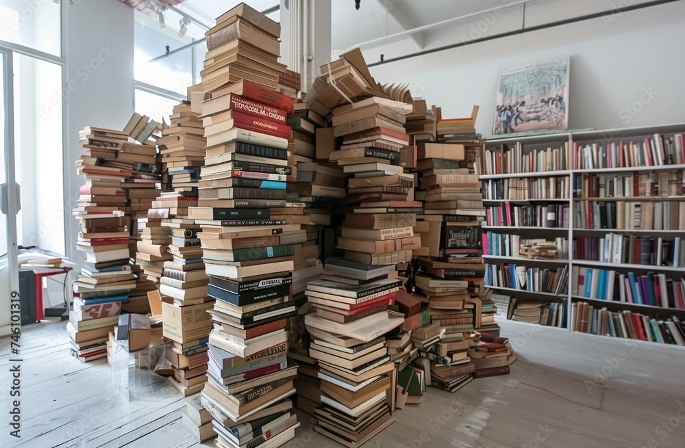 Fototapeta premium Various books are arranged in a pile. There are a lot of different types of books on the table. Generated by artificial intelligence. 