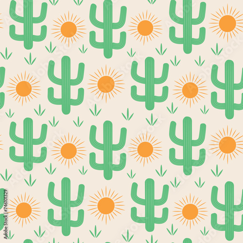 Cute Green Cactus with orange sun seamless pattern. For fabric, textile and wallpaper