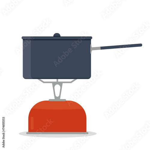 Camping burner and pot, flat vector graphic. Portable gas stove with pan. Outdoor cooking isolated illustration on white background. 