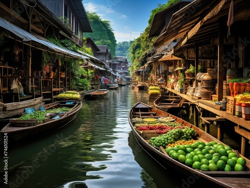 Floating Food Market, Asian Floating Market, Traditional Thailand Culture, Fruits and Vegetables © artemstepanov
