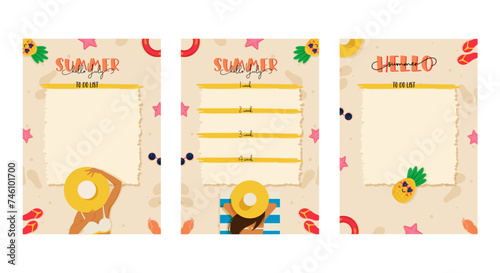 A summer planner whith a beautiful girl on sandy beach, chilling, and refreshing pineapples, travel, vector
