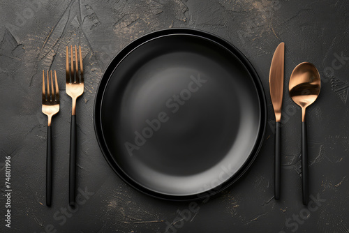 Elegant table setting with matte black plate and stylish black and gold cutlery on a dark textured background.