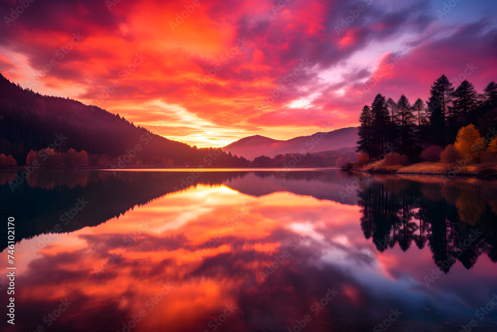 Breathtaking Sunrise over Serene Lake with the Silhouette of Majestic Mountain Range and Foreground Trees