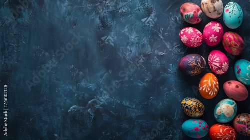 Easter decoration colorful eggs on dark background with copy space. Beautiful colorful easter eggs. Happy Easter. 