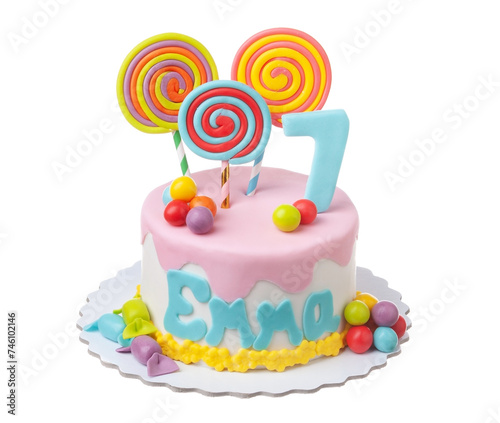 Принти на полотні Multicolored Emma name birthday cake topped with rainbow colored balloons lollipops on a white isolated background