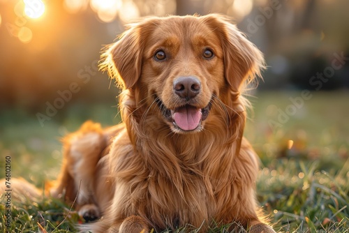 A joyful, playful dog enjoying the glorious golden sunlight in the park's greenery