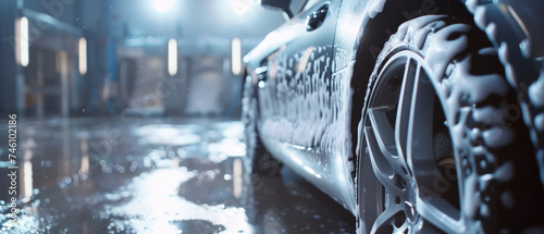 Glossy car tires and side panel reflect light in a wet urban setting at night.
