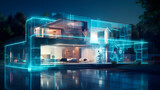 a futuristic house, surrounded by holograms