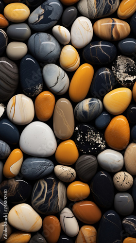 a close up of some black and white pebbles, in the style of dark navy and light amber, enchanting realms, light amber and bronze сreated with Generative Ai