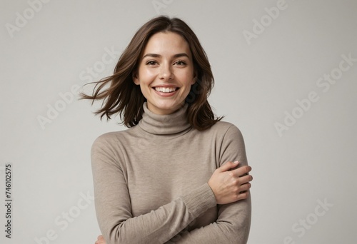 Smiling Confident Woman with Space for Text on White Background
