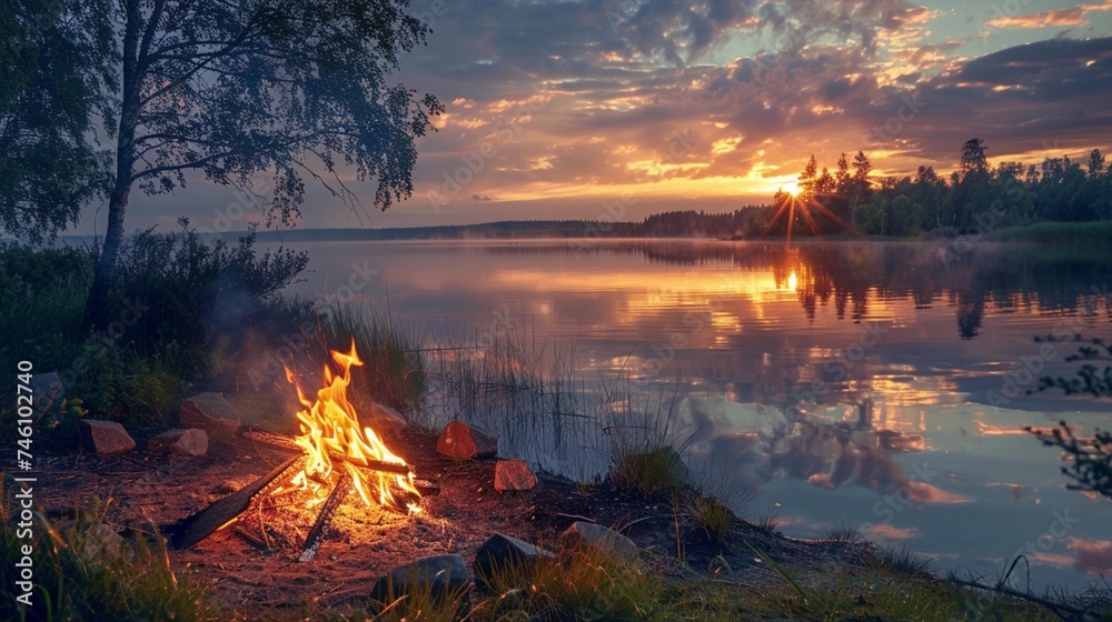 A tranquil lakeside campsite with a crackling bonfire, perfect for storytelling under the stars.