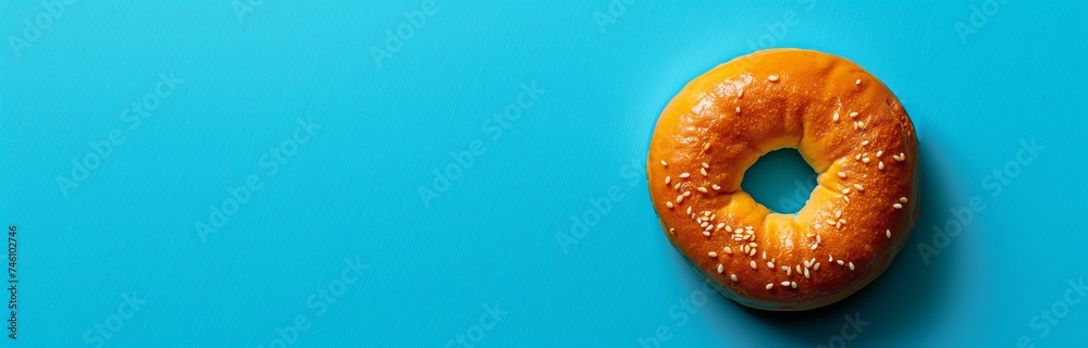 crispy bagel with seeds on blue background for breakfast and a copy space crispy bagel with seeds on blue background for breakfast and a copy space