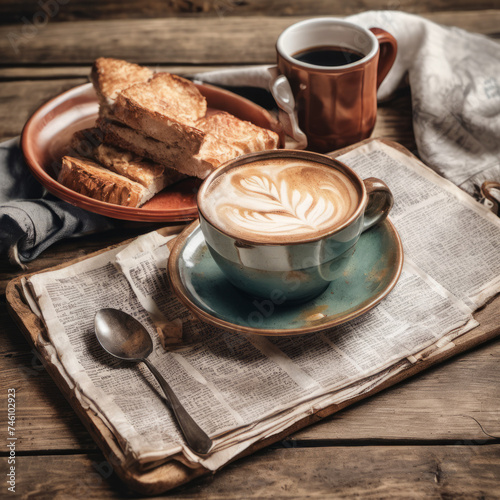 Closeup photo of a nutritious breakfast on a vintage wooden board with newspaper underneath
