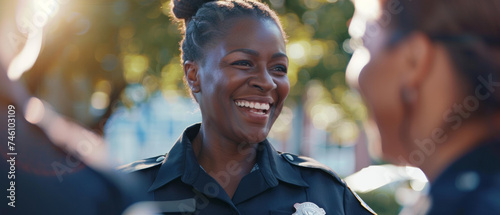 Smiling female police officer enjoying a light moment with a colleague. photo
