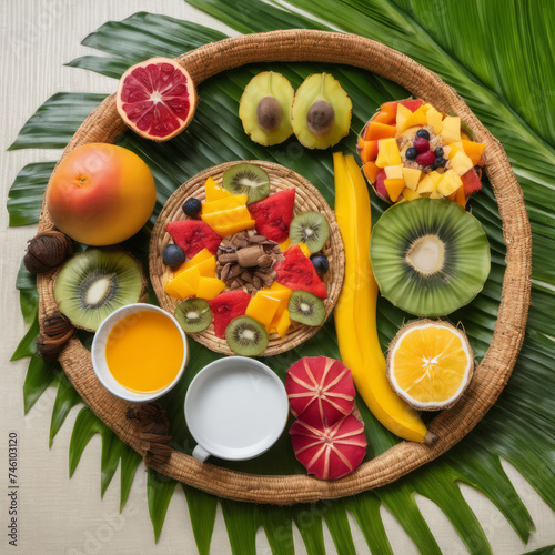 Closeup photo of a nutritious breakfast featuring exotic fruits and spices presented on a woven palm leaf tray, suggesting a tropical setting.
