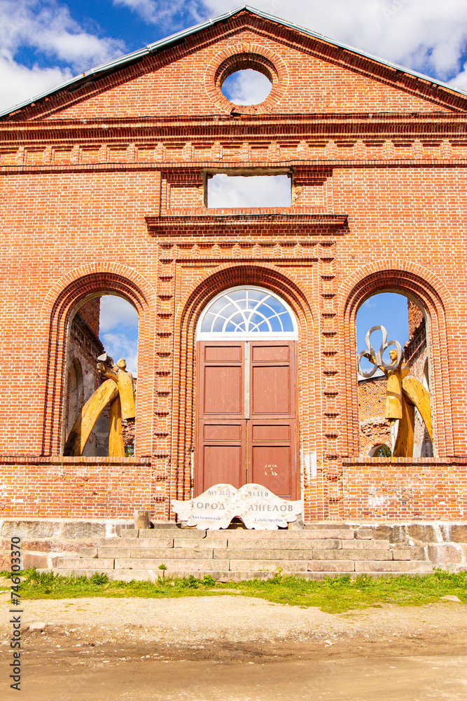 Beautiful view to Yakkima kircha (church) ruins which nowadays City of Angels Museum Lahdenpohja. Bird's eye view to Attractions of Karelia region on a sunny summer day. Russia.