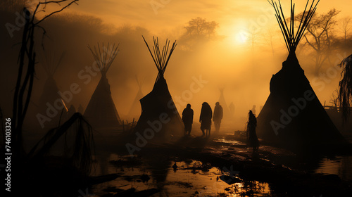 Les Sioux, dans la brume des plaines, dansent au rythme du vent, honorant leurs ancêtres et la terre mère.