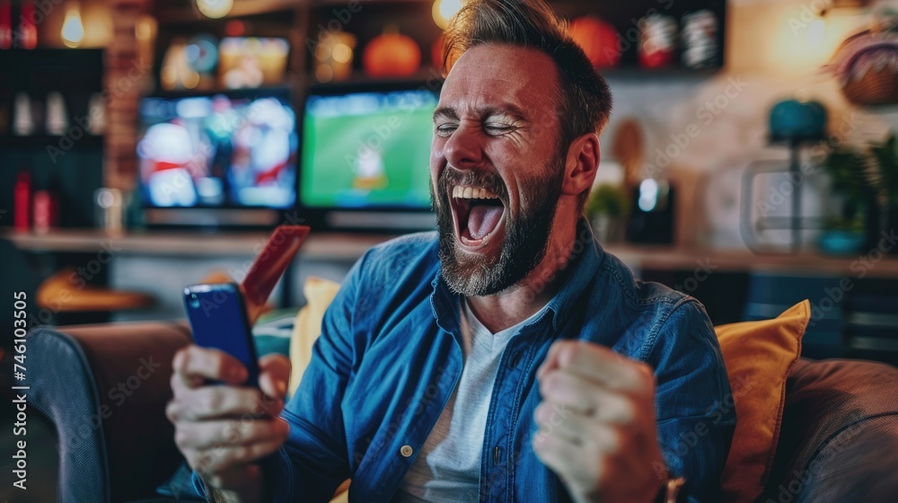 Man wins money betting on football via mobile app - obrazy, fototapety, plakaty 