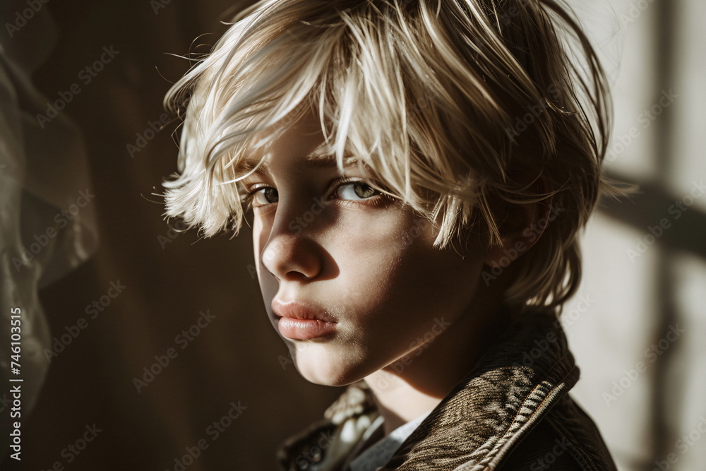 A blonde haired boy gazes into the camera A blonde haired boy gazes into the camera