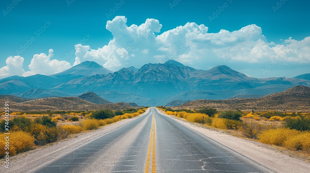 Asphalt long road up to the horizon through the desert and clouds to the blue sky on a summer day