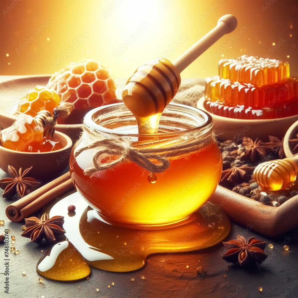 Golden sweet honey. Healthy foods. AI generated Golden sweet honey. Healthy foods. AI generated