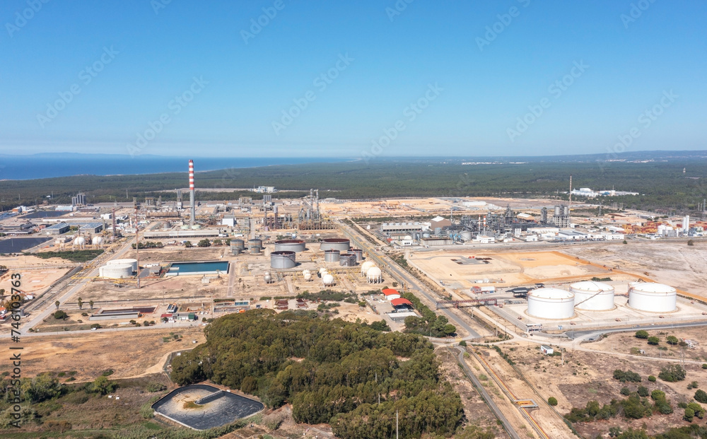 Portugal Sines oil terminal storage tanks, aerial view, oil and gas storage tanks, oil refinery chemical products.