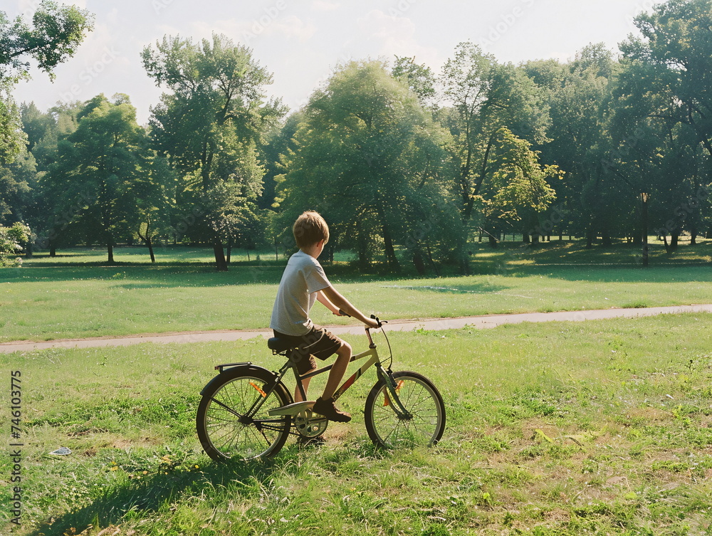 Obraz premium a young boy is riding a bike in a park