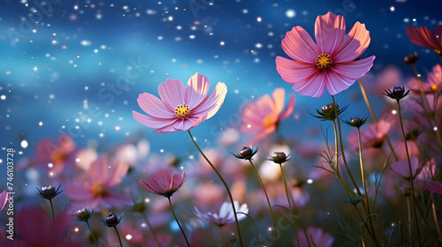 A field of flowers with a starry sky in the background, Endless field with blooming cosmos flowers © javed