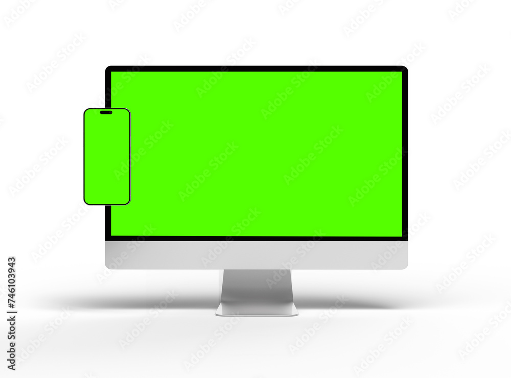 Render of desktop and phone with a green screen on a transparent background. Render of desktop and phone with a green screen on a transparent background.
