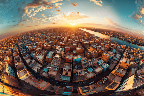A cityscape transformed into a mesmerizing panorama by a fisheye lens at sunset photo