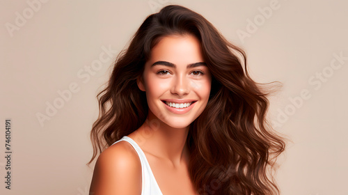 a beautiful model with perfect skin looking at the camera  model with beautiful hair and beautiful smile