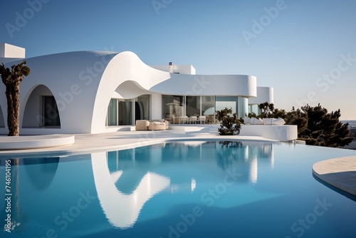 a pool with a white building and a blue sky