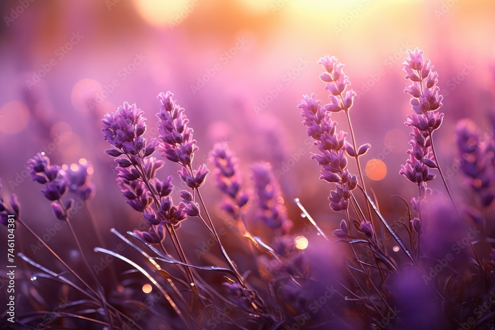 Naklejka premium Flowering Heather Plant, Erica Flower Field, Gardener Heather, Idyllic Moorland Pattern