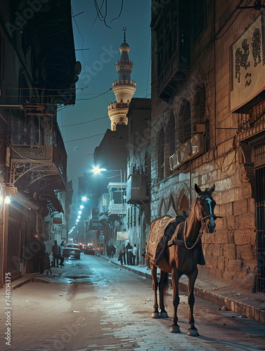 A horse is in the street, a working animal in the city at night
