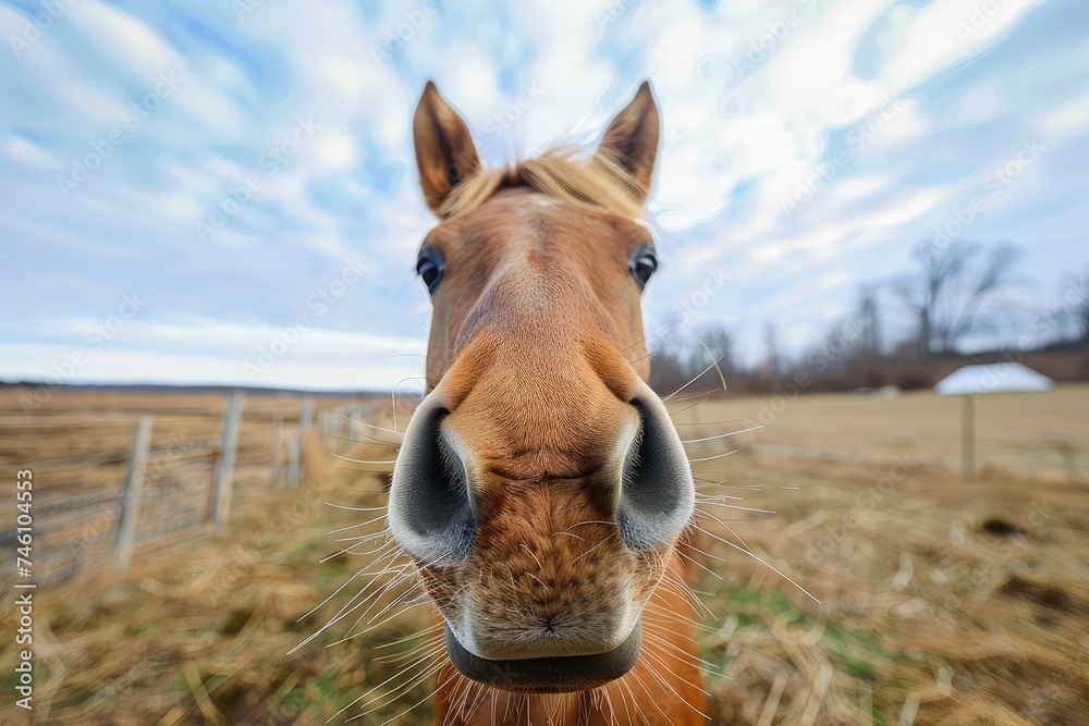 Obraz premium Horse Close up Portrait, Fun Animal Looking into Camera, Panda Nose, Wide Angle Lens