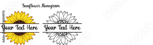 Sunflower split monogram illustration. split sunflower, hand drawn vector illustration, flower frame.