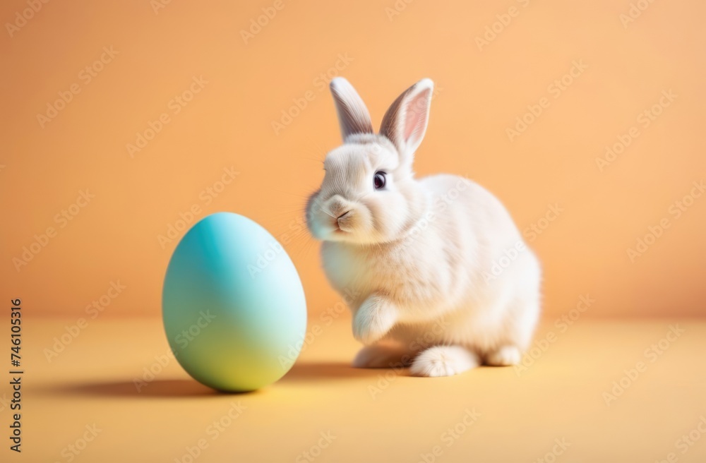 Obraz premium Easter banner with cute Easter bunny hatching from pastel color Easter egg on pastel color background. Illustration of Easter rabbit sitting in cracked eggshell. Happy Easter greeting card.Copy space.