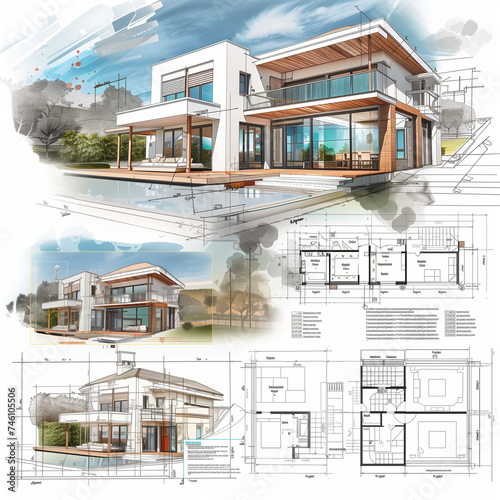 Comprehensive Digital Blueprint of a Spanish-Style Villa by the Ocean: Detailed Architectural Plan with Warm Living Spaces and Enchanting Islamic Garden